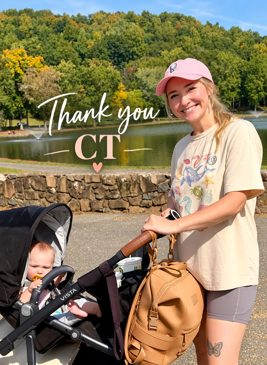 Kara with her baby and stroller by the lake, Thank you CT